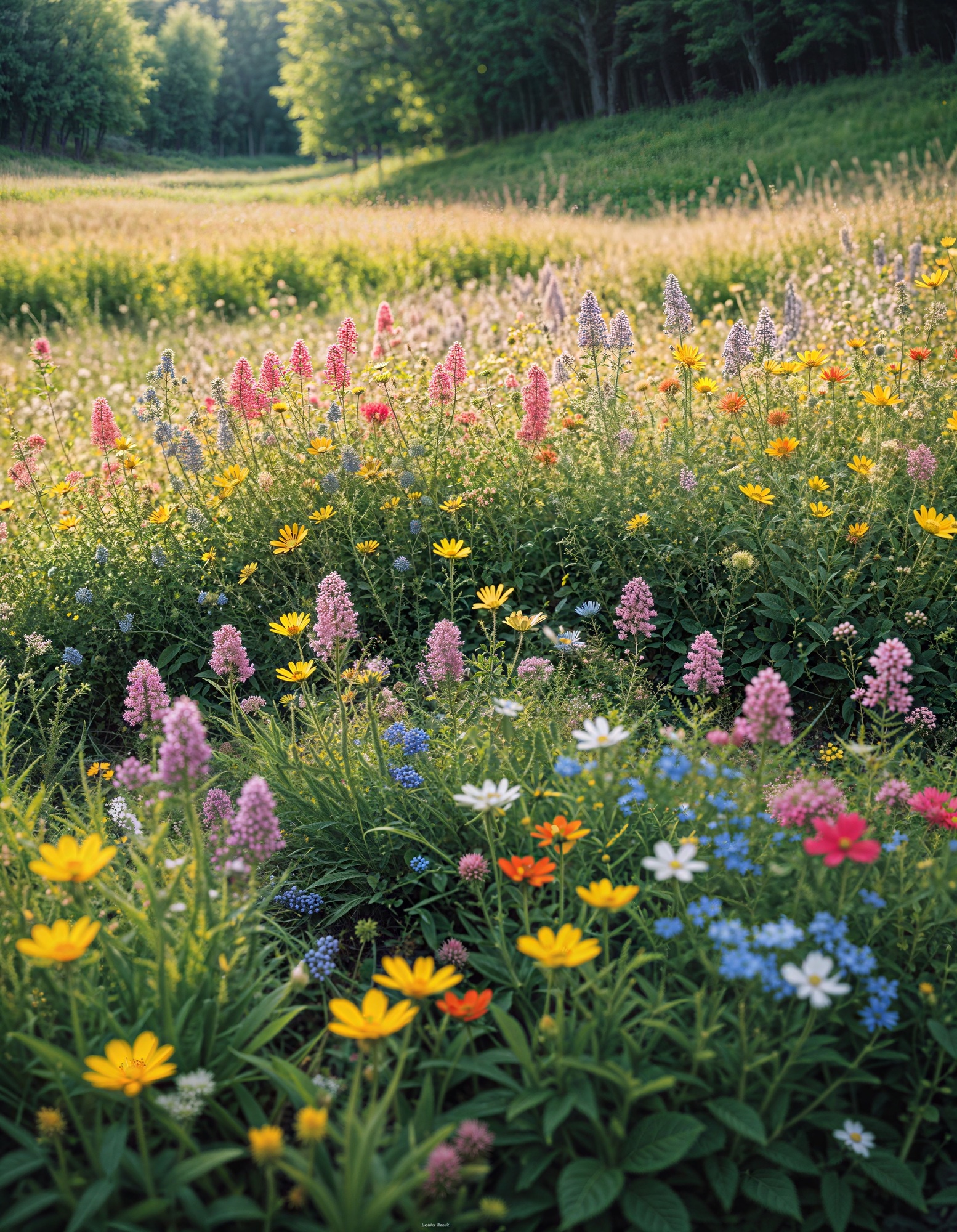 A vibrant field of wildflowers in full bloom with a lush green forest in the background.